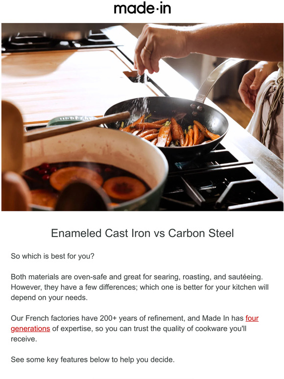 Made In Enameled Cast Iron vs Carbon Steel Milled