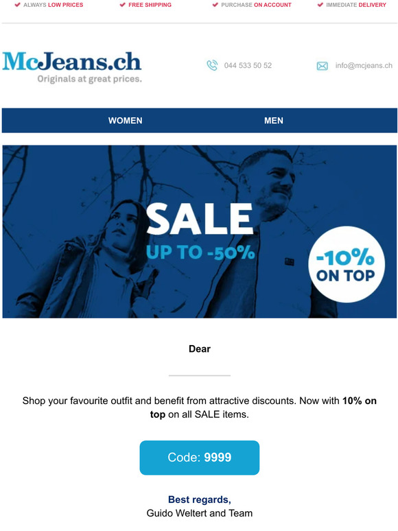 🤩 SALE: -10% ON TOP at McJeans.ch + free shipping 