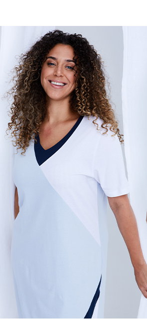 Contrast Detail V-Neck Nightgown - soft and comfy, features a faux wrap look for fun night-time style. Contrast layer inset V-neck, short sleeves, and asymmetric hem with contrast insets and diagonal vent.