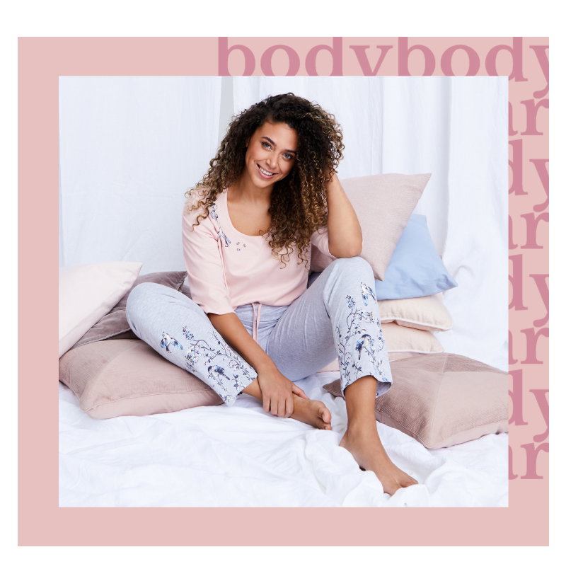 Bird Placement Print Pajama Set - delicate bird and flower placement print on the shoulder and hems enhance this feminine look. Pale pink top with scoop neck and 3/4 sleeves. Grey melange elastic waist bottoms.