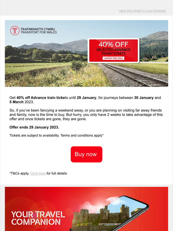 Subject line: 40% off Advance train tickets for a limited time only 📣