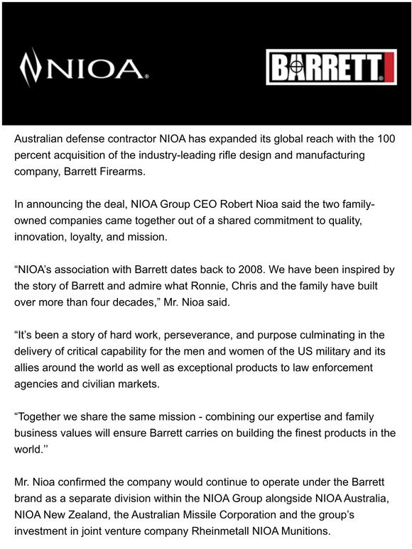 NIOA acquires US manufacturer Barrett Firearms