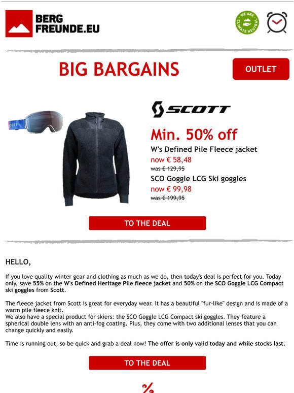 ⏰ Today only: get at least 50% off a Scott fleece jacket & ski goggles