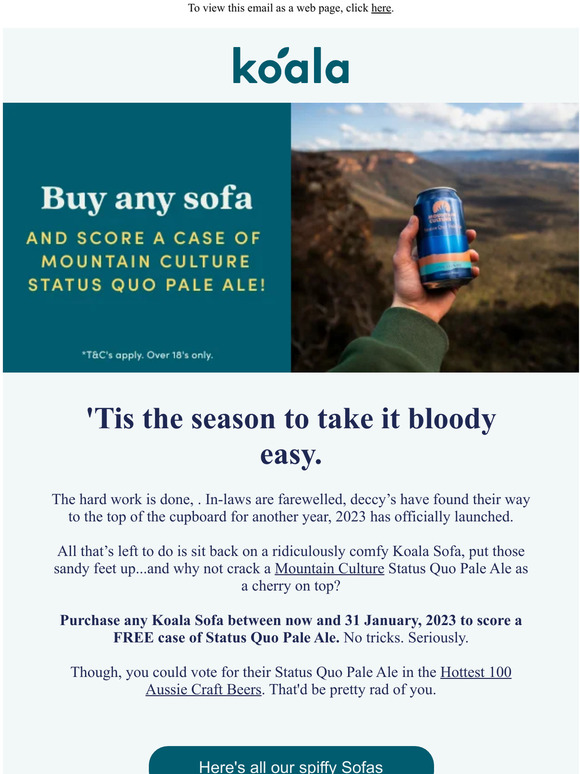 Buy any Koala Sofa, get FREE Mountain Culture beer 🍺