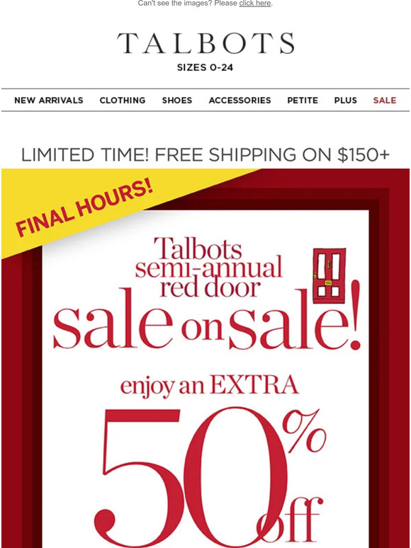 Talbots EXTRA 50 + 20 OFF! Talbots Red Door Sale Milled