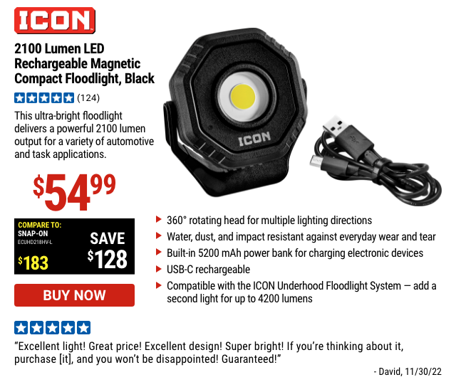 ICON: 2100 Lumen LED Rechargeable Magnetic Compact Floodlight, Black