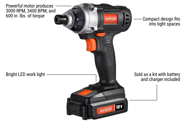 WARRIOR: 18V Cordless 1/4 in. Hex Impact Driver Kit