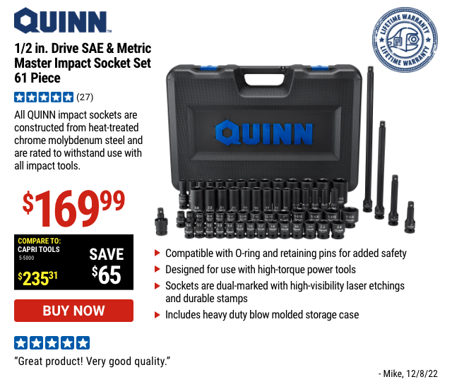 QUINN: 1/2 in. Drive SAE & Metric Master Impact Socket Set, 61 Piece