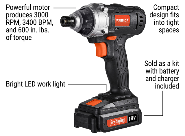 WARRIOR: 18V Cordless 1/4 in. Hex Impact Driver Kit - mobile version