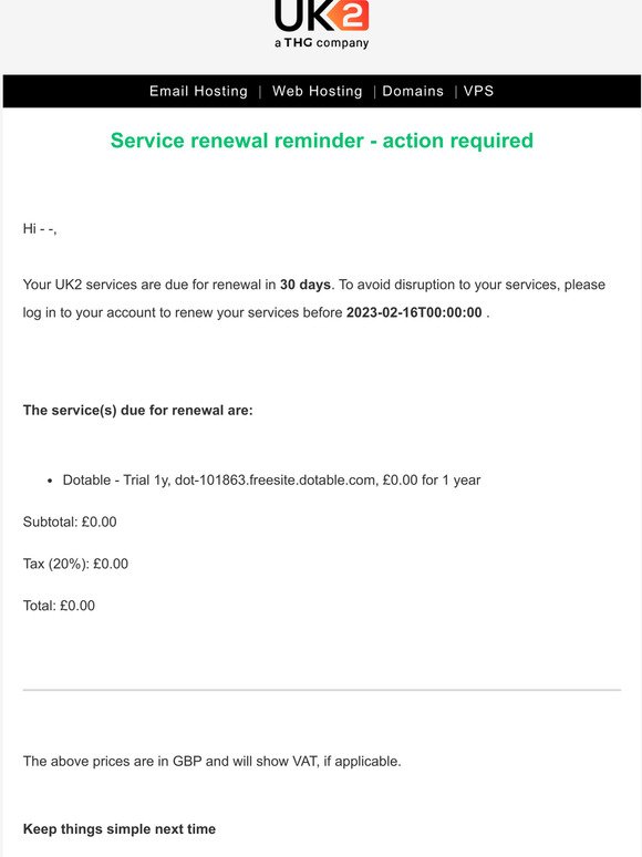 Action required: your UK2 service renewal is due