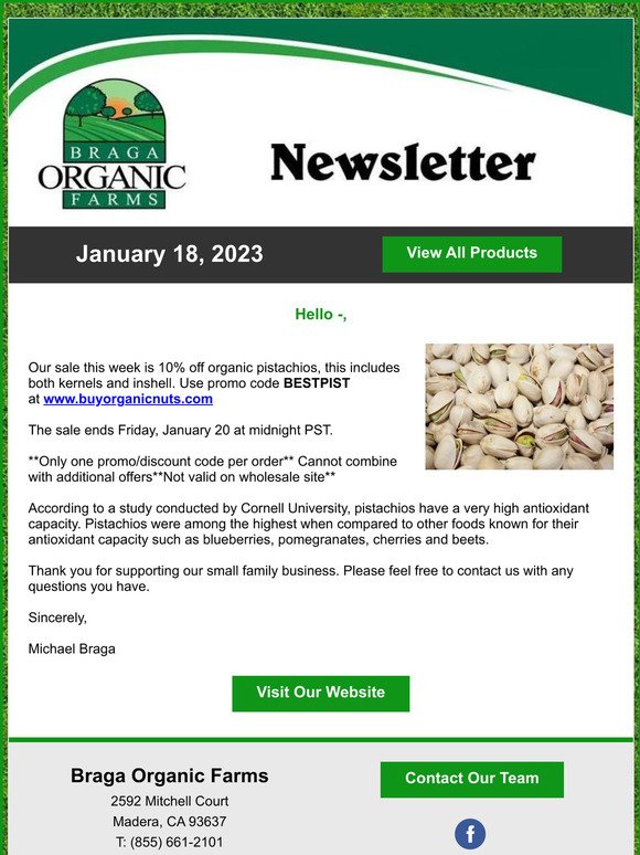 10% off Organic Pistachios until Friday