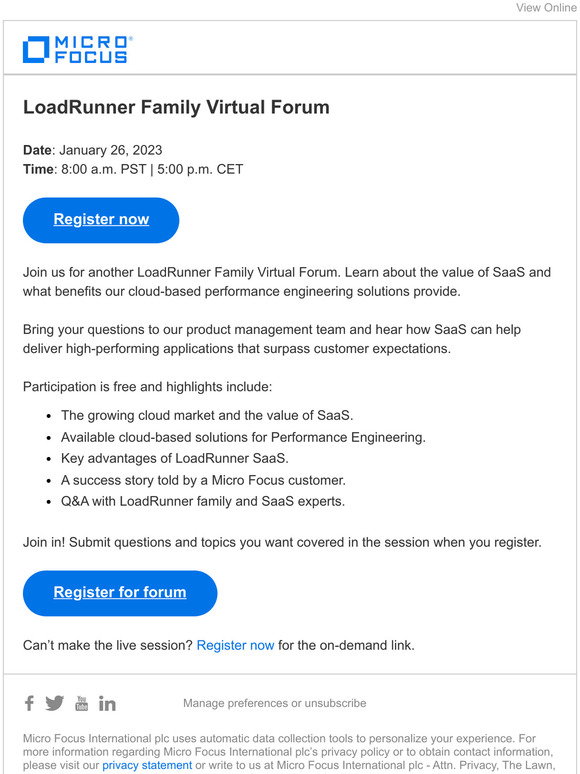 Micro Focus: Register now: LoadRunner Family Virtual Forum 2023 | Milled