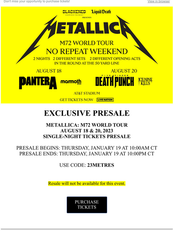 Exclusive Presale Metallica on August 18 & 20