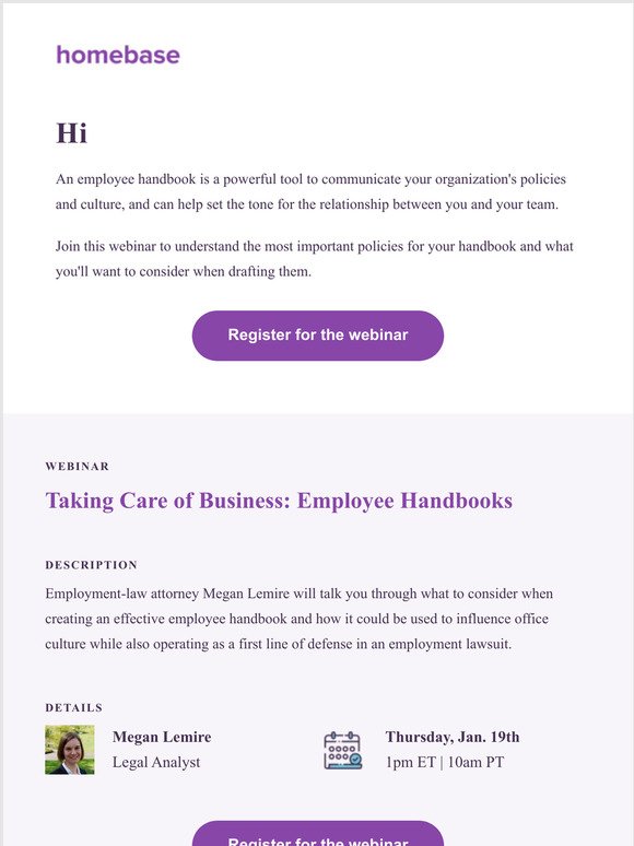 Last chance to register for the ‘Taking Care of Business: Employee Handbooks’ Webinar!