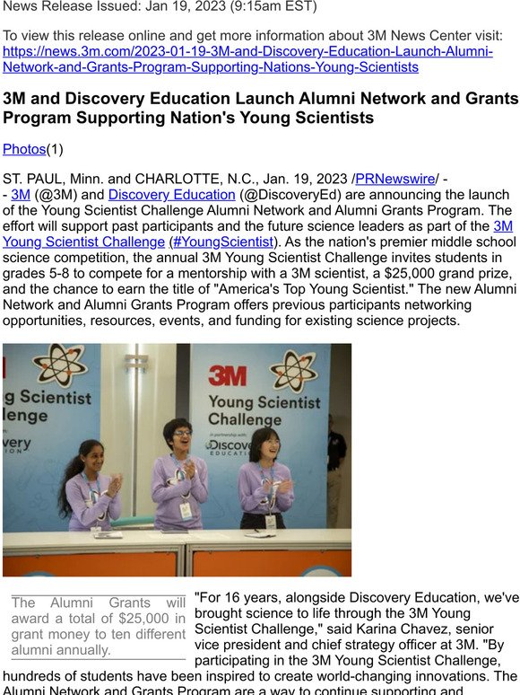 3M and Discovery Education Launch Alumni Network and Grants Program Supporting Nation's Young Scientists