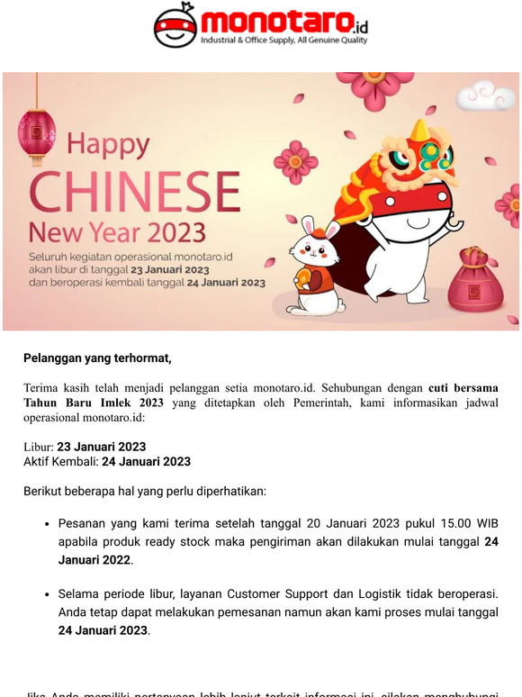 Info: Jadwal Operasional monotaro.id Selama Cuti Bersama Tahun Baru Imlek 2023