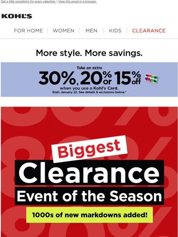 Kohl's: Take 30%, 20% or 15% off | Save up to 80% on clearance ...