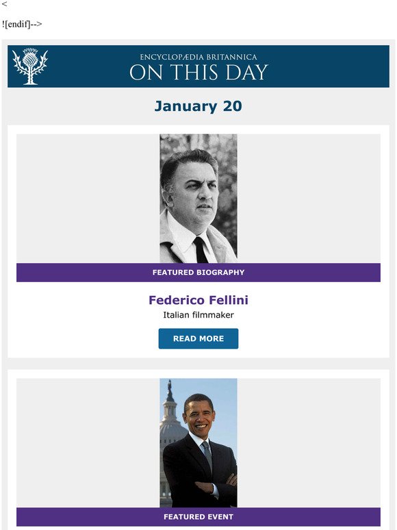 Barack Obama sworn in as president, Federico Fellini is featured, and more from Britannica