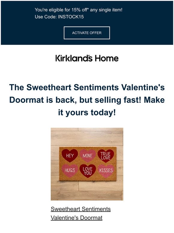 ⚡ Reminder: The Sweetheart Sentiments Valentine's Doormat is back in stock!