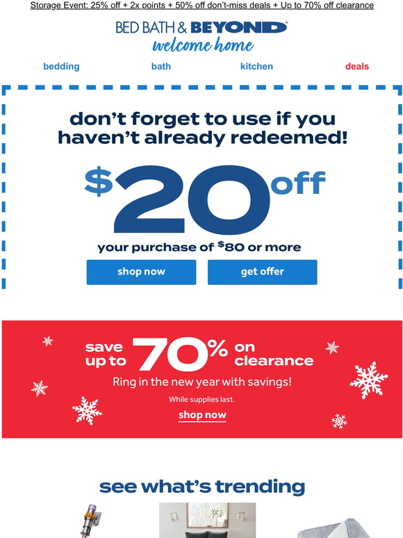 Bed Bath & Beyond Woohoo! 😲 You’ve got 20 OFF 80! Use curbside or