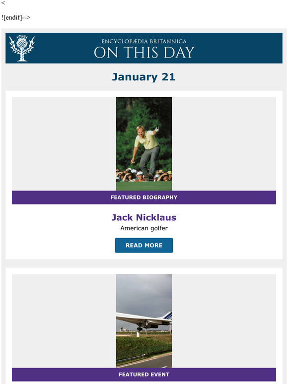 First commercial Concorde flight, Jack Nicklaus is featured, and more from Britannica