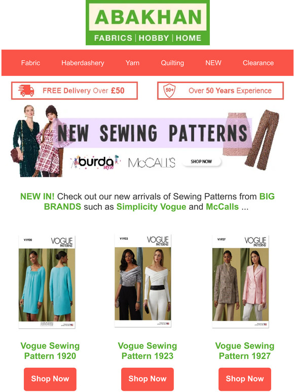 Abakhan Fabrics Hobby Home NEW! Simplicity, Vogue & McCall's Sewing Patterns at Abakhan