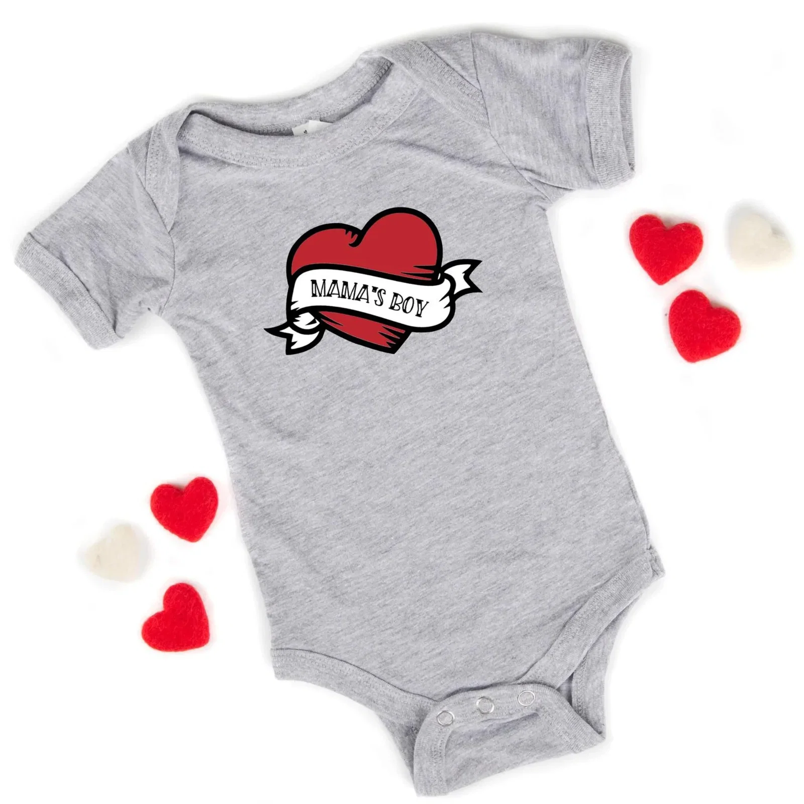Image of Mama's Boy Heart Short Sleeve Bodysuit, Heather Grey
