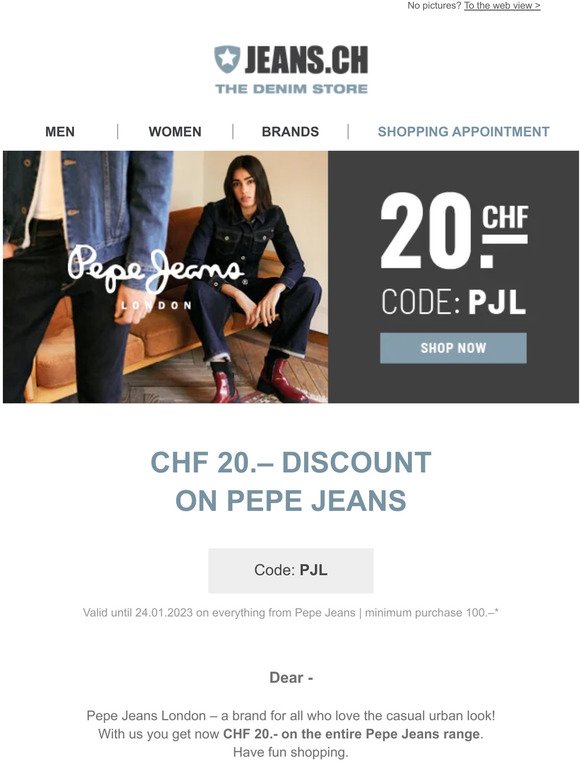 👖 CHF 20.– discount on Pepe Jeans – JEANS.CH – free shipping