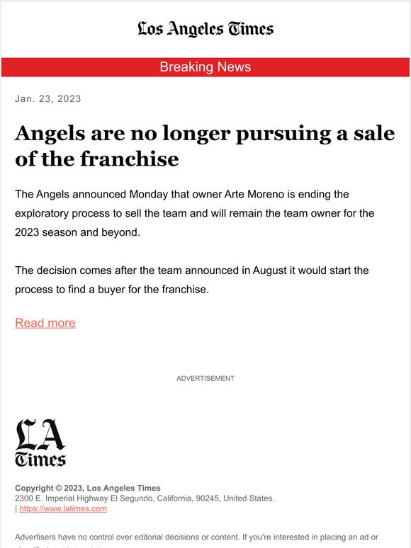 Breaking News: Angels are no longer pursuing a sale of the franchise