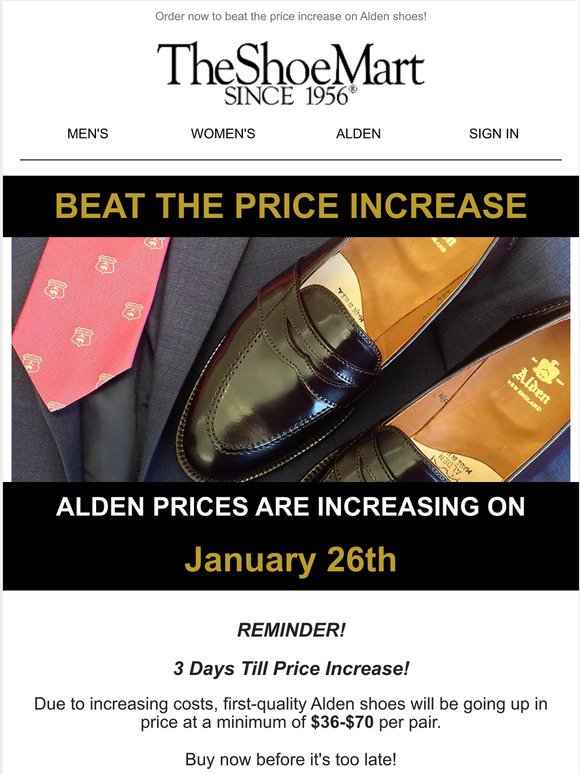 Reminder 3 Days To Beat The Alden Price Increase!