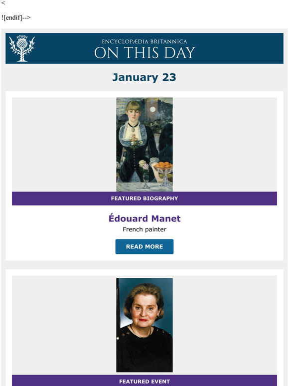 Madeleine Albright sworn in as U.S. secretary of state, Édouard Manet is featured, and more from Britannica