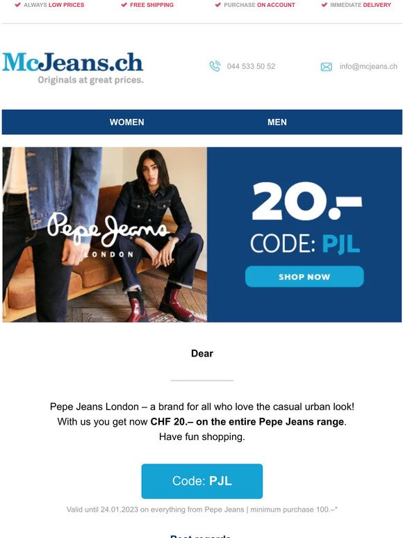 LAST DAY: 👖 CHF 20.– discount on Pepe Jeans – McJeans.ch – free shipping