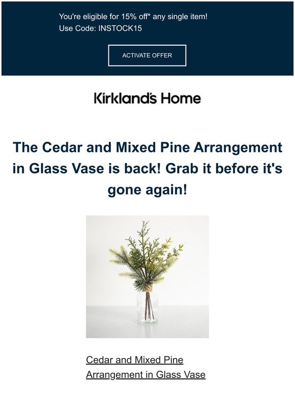 🔔 Back in stock! The Cedar and Mixed Pine Arrangement in Glass Vase is available again! 