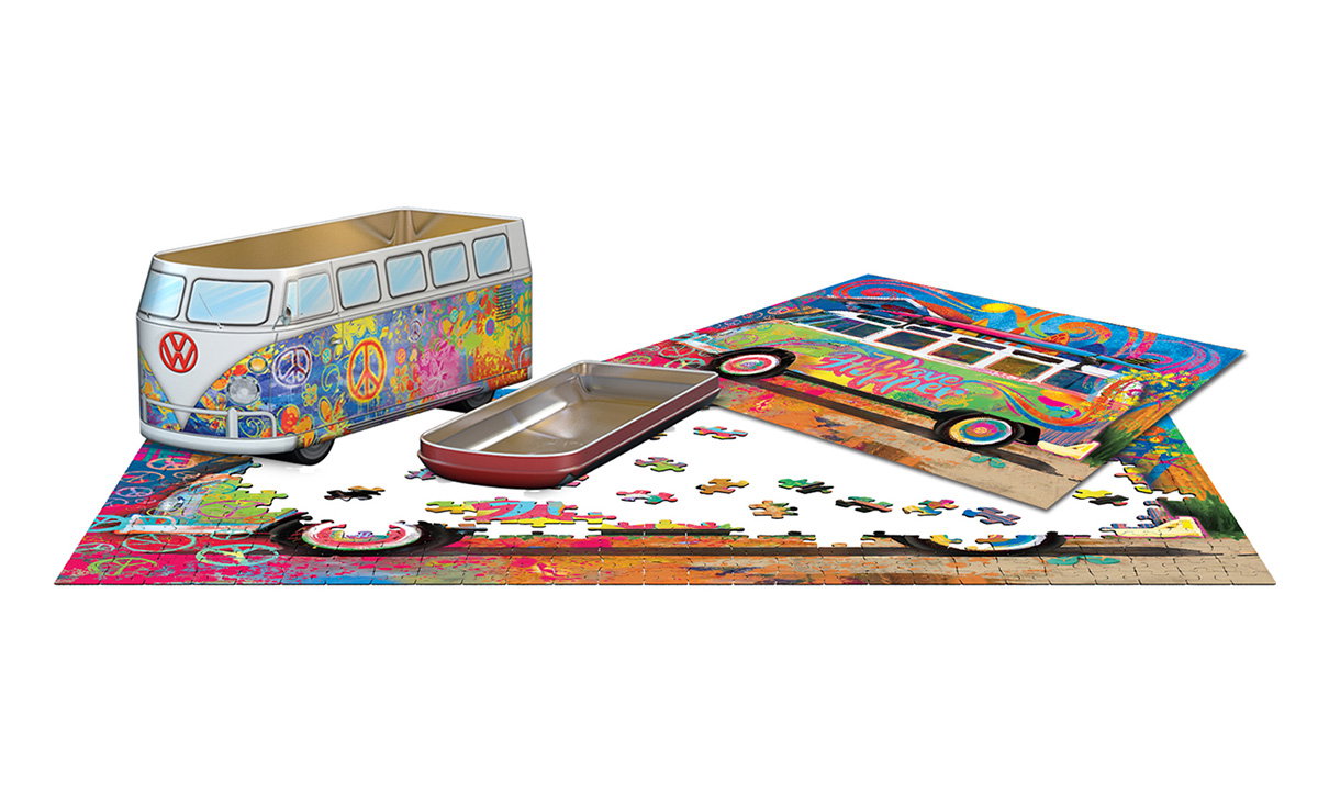 VW Wave Hopper Tin - This 550-piece puzzle & collectible tin celebrates the history of Volkswagen