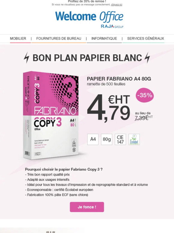 FABRIANO Ramette A4 500 feuilles Blanc COPY 3 OFFICE 80G CIE 147