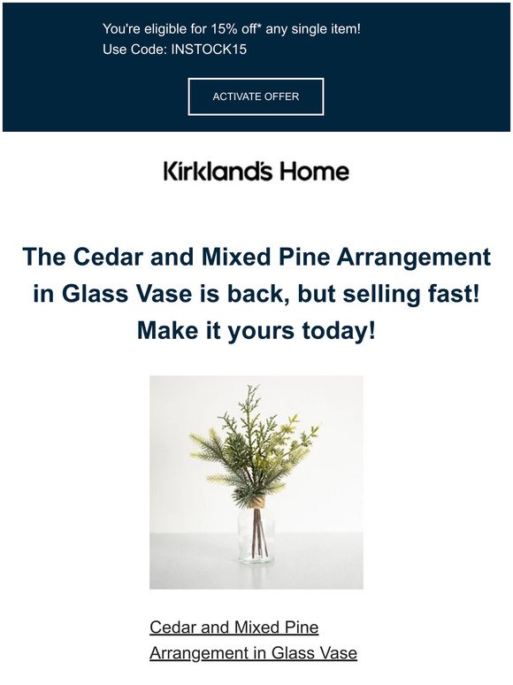 ⚡ Reminder: The Cedar and Mixed Pine Arrangement in Glass Vase is back in stock!