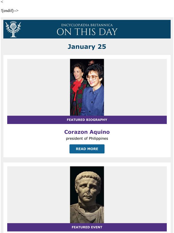 Claudius affirmed as Roman emperor, Corazon Aquino is featured, and more from Britannica