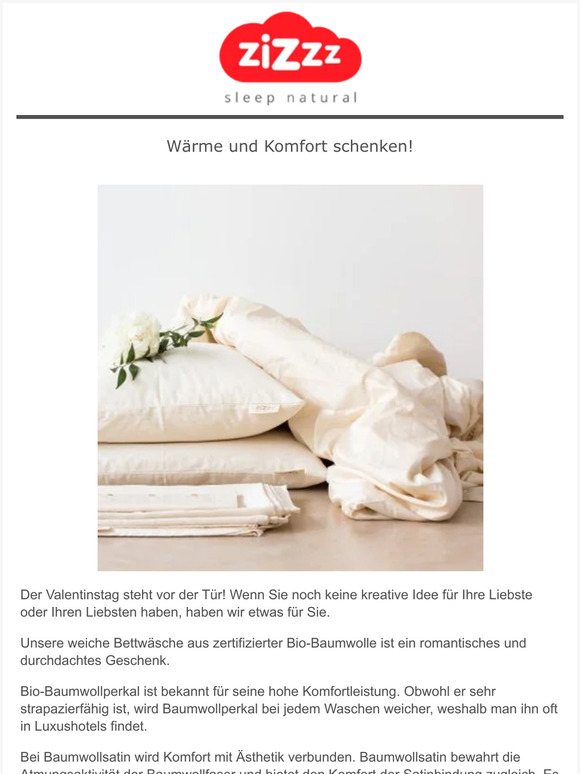 20% Rabatt auf unsere Bio-Baumwoll Bettwäsche für den Valentinstag!