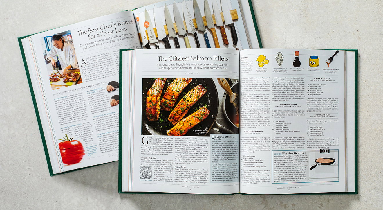 Cook's Illustrated Annual book spread example: The Glitziest Salmon Fillets