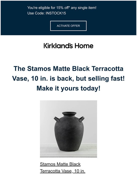 ⚡ Reminder: The Stamos Matte Black Terracotta Vase, 10 in. is back in stock!
