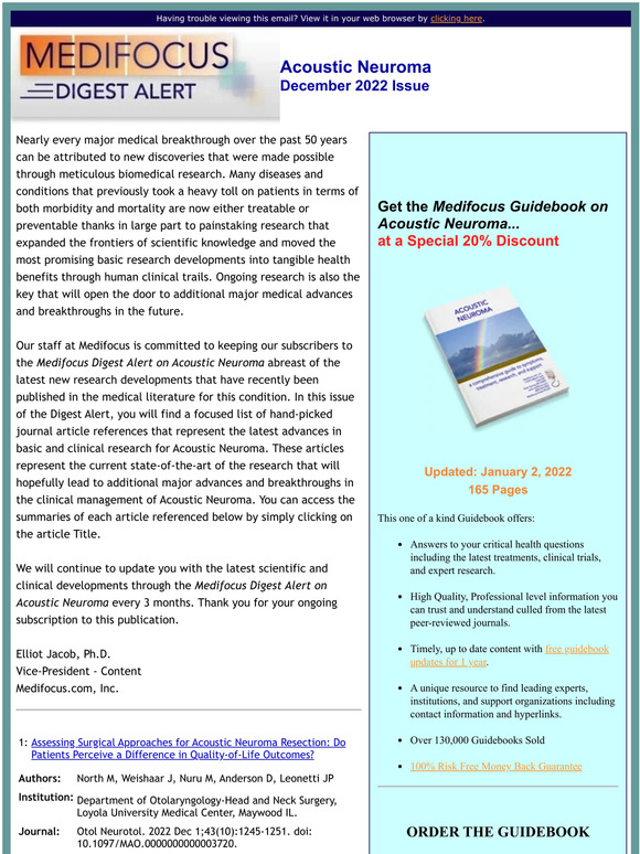 The New MediFocus Digest Alert for Acoustic Neuroma