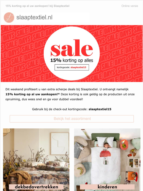 Laatste dag: Actie bij Slaaptextiel: 15% korting op alles! ⏰
