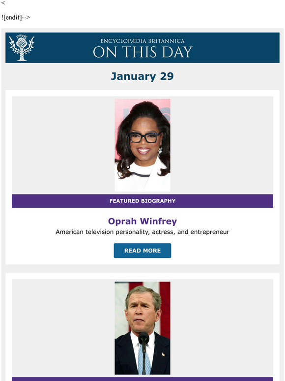 Iraq, Iran, and North Korea called an “axis of evil”, Oprah Winfrey is featured, and more from Britannica