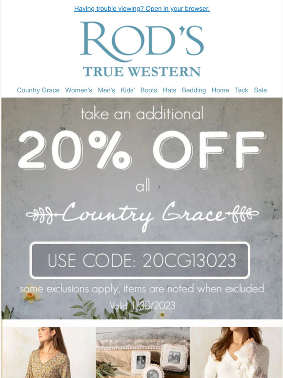 Rod's Western Palace 20 Off All Country Grace for a Limited Time Only