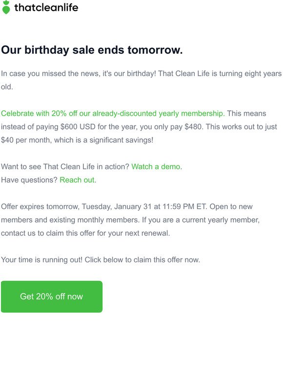 Birthday sale ends soon! 20% off.