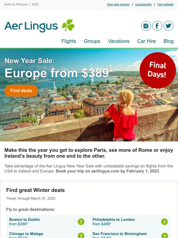 ⏰ Final Days! Make this the year to go to Europe - fares from $389*