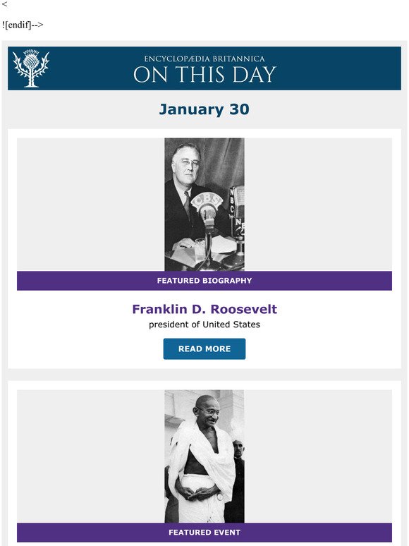 “Great Soul” assassinated, Franklin D. Roosevelt is featured, and more from Britannica
