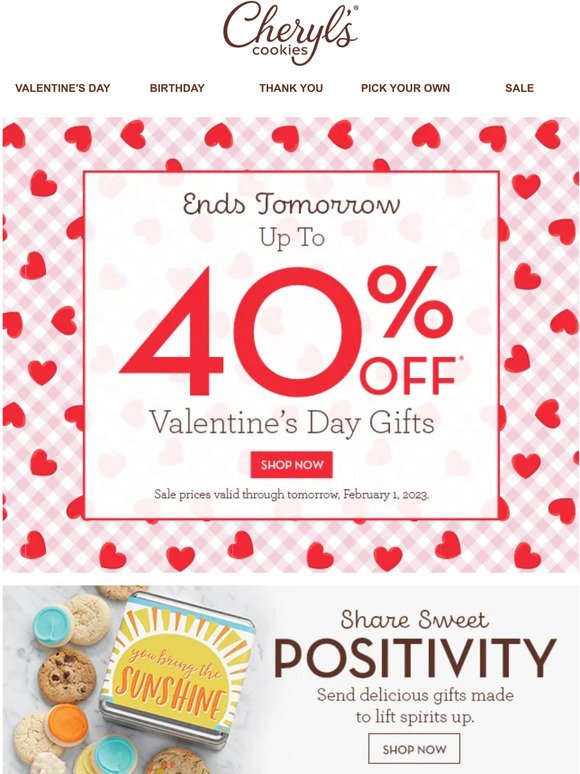 Ends tomorrow - up to 40% off romantic gifts.