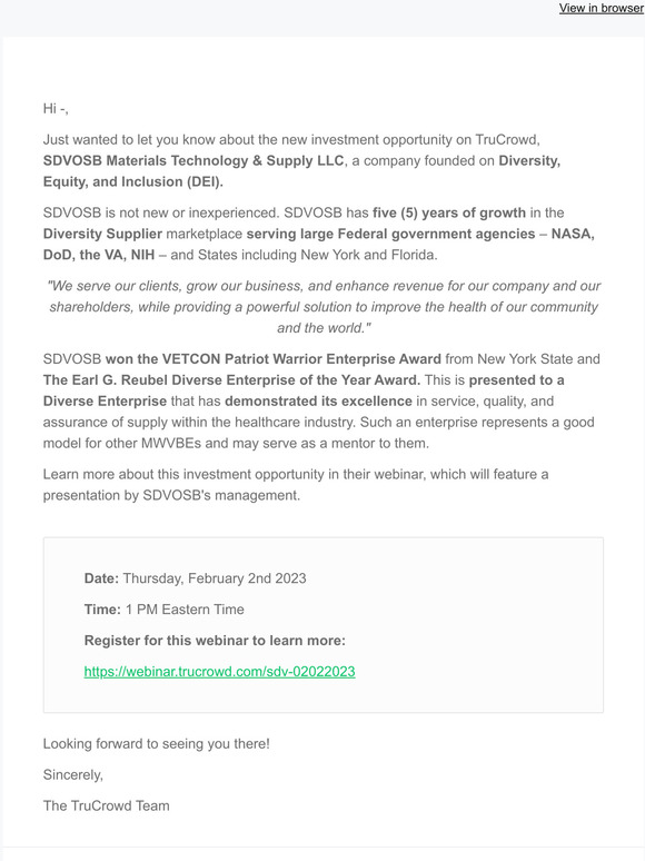 TruCrowd's Newest Listing for 2023, a Diversity supplier - SDVOSB Materials, Technology & Supply LLC is having a webinar this Thursday