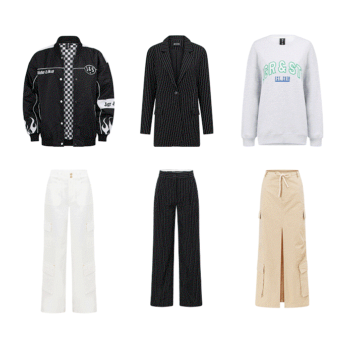 sweaters, baby tees, moto jacket, cargo skirt, maxi skirt, wide leg pants